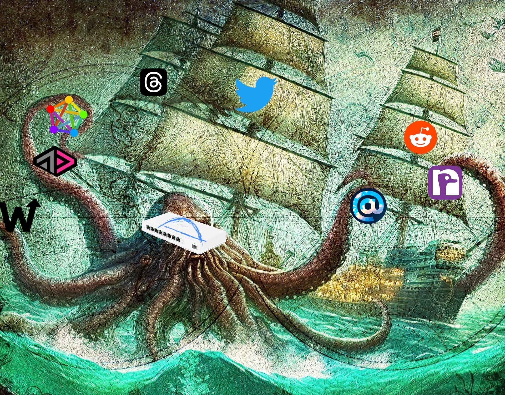 In the old Age of Sail style. A Lovecraftian giant octopus attacks three large sailing ships. The ships' sails have the Twitter, Reddit, and Threads logos. The octopus's tentacles have the webmention, ActivityPub, fediverse, ATProto, and Nostr logos. The octopus's head is a router with the Bridgy (Fed) logo.